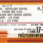 Flyer zur Party Präzionswerk Espenhain 2004, Kratzer, Markus Masuhr, Artfull Deutscher, Jens Buschner, Mad AG, Cris Manura, @Lex, Jamie…