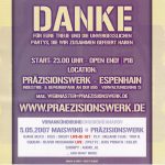 Flyer zur Party Präzionswerk Espenhain 2007, Hardy Hard, Brothers Incognito, Eve Justine, Nick D-Lite, Tom B., Le Tompe, Sidney King…