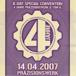 Flyer zur Party Präzionswerk Espenhain 2007, Hardy Hard, Brothers Incognito, Eve Justine, Nick D-Lite, Tom B., Le Tompe, Sidney King…