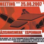 Flyer zur Party Präzionswerk Espenhain 2007, Mad Max, Soapespierre, Mack, Kratzer, Clark B., Paul Panzer, Perry, Killer, Plattenkasper…