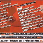 Flyer zur Party Präzionswerk Espenhain 2007, Mad Max, Soapespierre, Mack, Kratzer, Clark B., Paul Panzer, Perry, Killer, Plattenkasper…