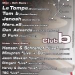 Flyer zur Party Plan B Weißenfels 2008, Le Tompe, Tom B, Janosh, Marc.eS, Dan Advards, D Funk, Hanson & Schrempf, Minupren, Jason…