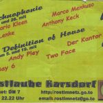 Flyer zur Party Rostlaube Karsdorf 2000, Mario Kleen, Tino Lenke, Marco Menkuso, Anthony Keck, Andy Pley, Bay 6, Der Kantor, Two Face