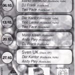 Flyer zur Party Rostlaube Karsdorf 2000, Marko Menkuso, Frank, Two Face, Der Kantor, Tino Lenke, Mario Kleen, Andy Pley, Sven UK