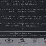 Flyer zur Party Rostlaube Karsdorf 2001, Der Kantor, Two Face, Tino Lenke, Andy Pley, Finé, Big Dessau, Mario Kleen, N.D., BND Hal…