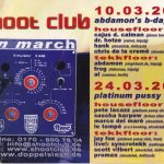 Flyer zur Party Shoot Club Delitzsch 2001, Abdamon, Al, Cajus D. Calman, Chris de la Cremé, Dr. Hotze, Frog, Hank, Jay Fox, Le Tompe…