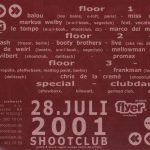 Flyer zur Party Shoot Club Delitzsch 2001, Balou, Booty Brothers, Chris de la Creme, Dash, Frankman, Hank, J. West, Le Tompe, Marco del…