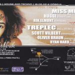 Flyer zur Party Rohtabak Doebeln 2002, Miss Mira, Huggi, Rik Elmont, Treplec, Scott Vilbert, Oliver Braun, Ryan Hard