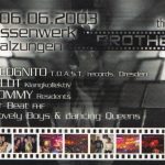 Flyer zur Party Pressenwerk Bad Salzungen 2003, Brothers Incognito, Reiko Seefeldt, Steve & Tommy, Beat HF