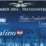 Flyer zur Party Pressenwerk Bad Salzungen 2004, Peter Latino, Reiko Seefeldt, Vincent Vegas, Thomas J.
