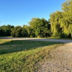 Menteroda heute: Freifläche mit Schotterweg und Trauerweiden